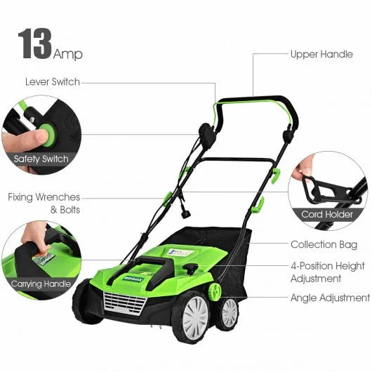 13Amp Corded Scarifier 15” Electric Lawn Dethatcher-Green