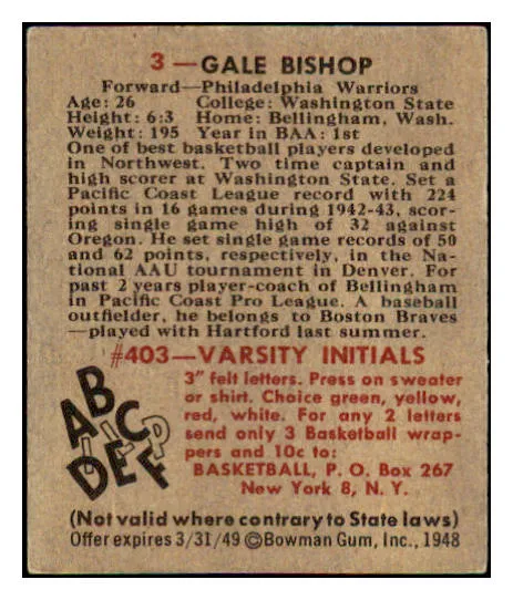 1948 Bowman Basketball #003 Gale Bishop Warriors EX-MT 507270