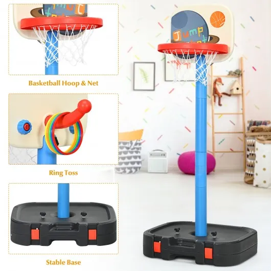 2 in 1 Kids Basketball Hoop Stand with Ring Toss and Storage Box-Black