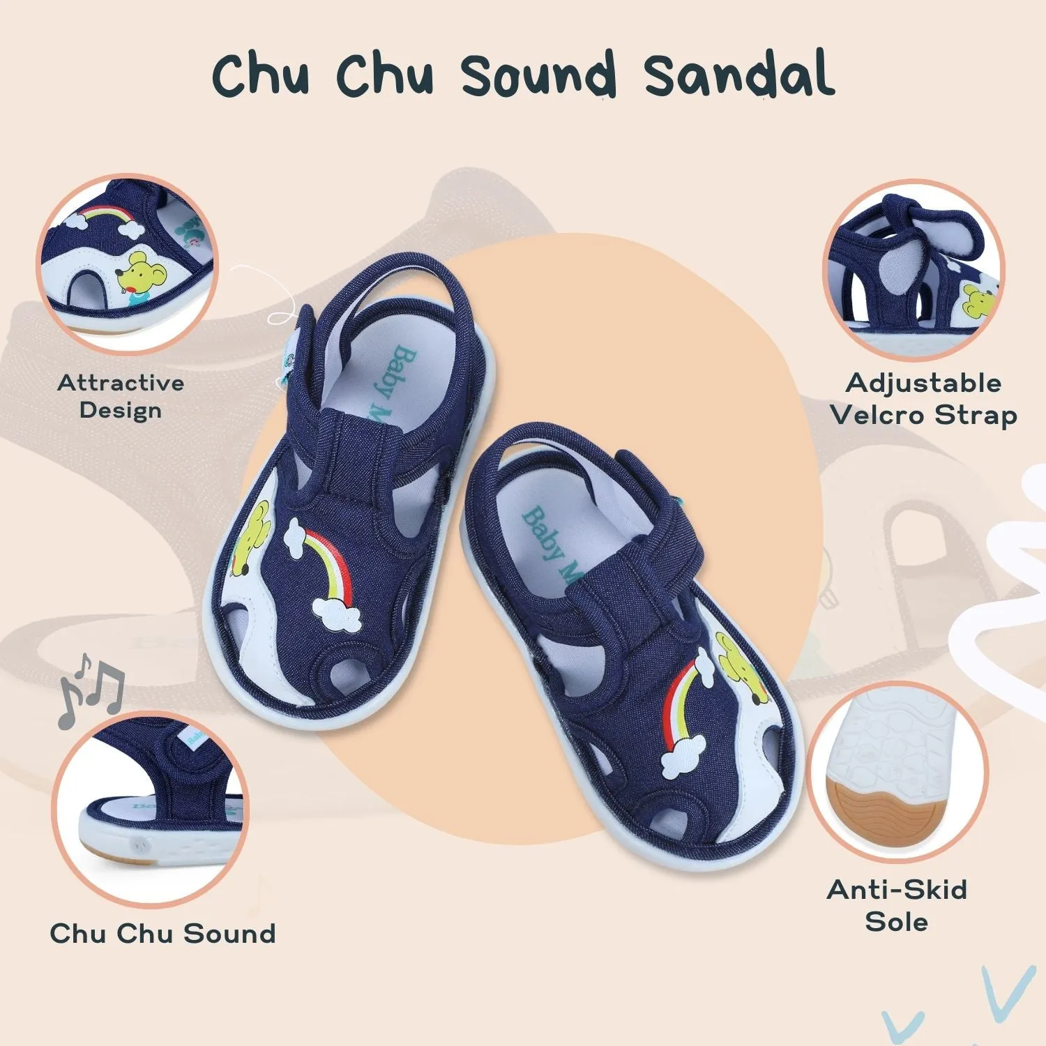 Baby Moo Rainbow Chu-Chu Sound Anti-Skid Breathable Denim Sandals - Navy Blue