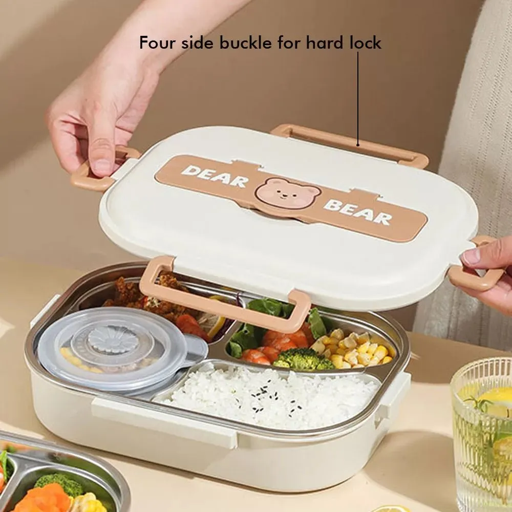 Big Size Stainless Steel Lunch Box /Tiffin with Insulated Matching Lunch Bag for Kids and Adults, Cream Brown Bear