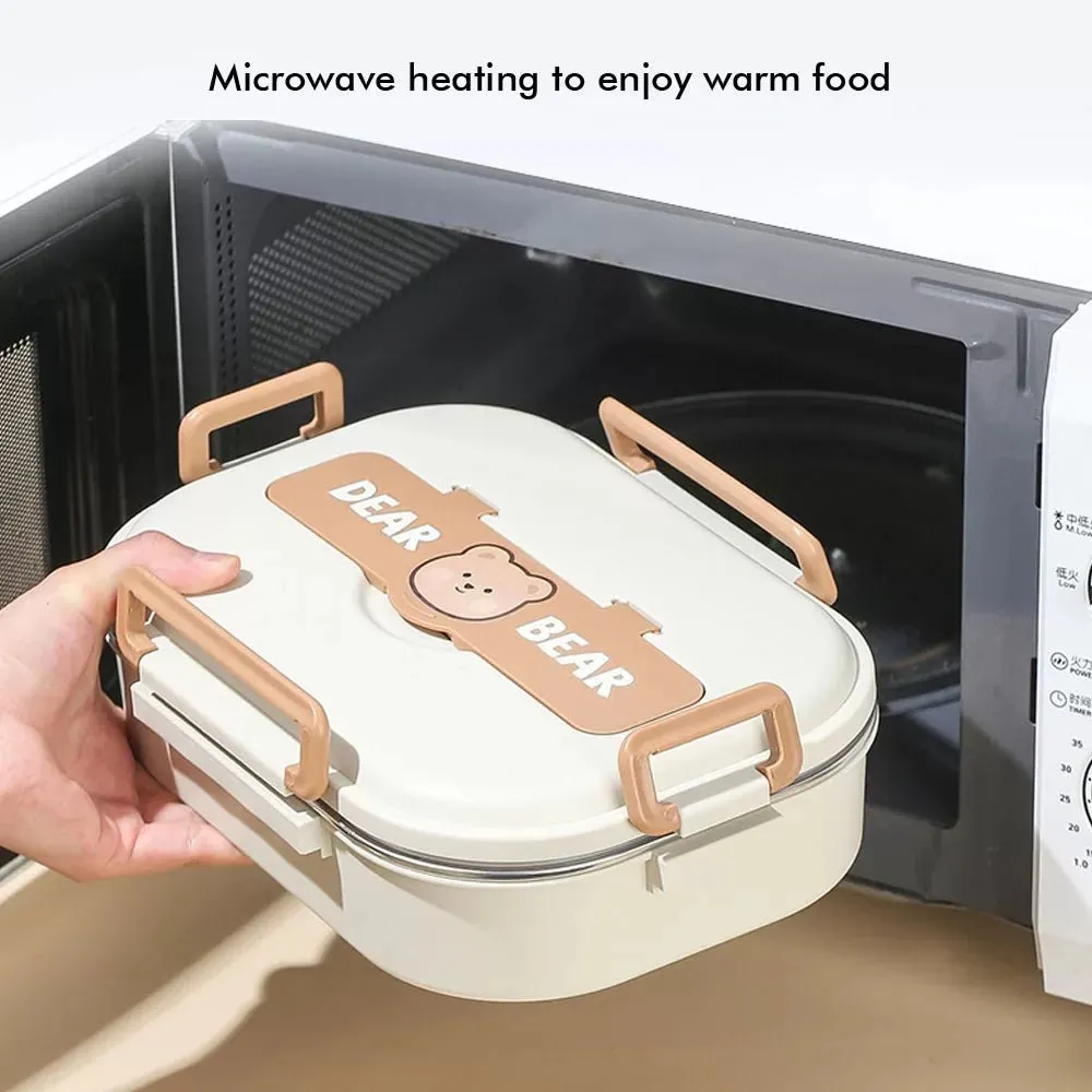 Big Size Stainless Steel Lunch Box /Tiffin with Insulated Matching Lunch Bag for Kids and Adults, Cream Brown Bear
