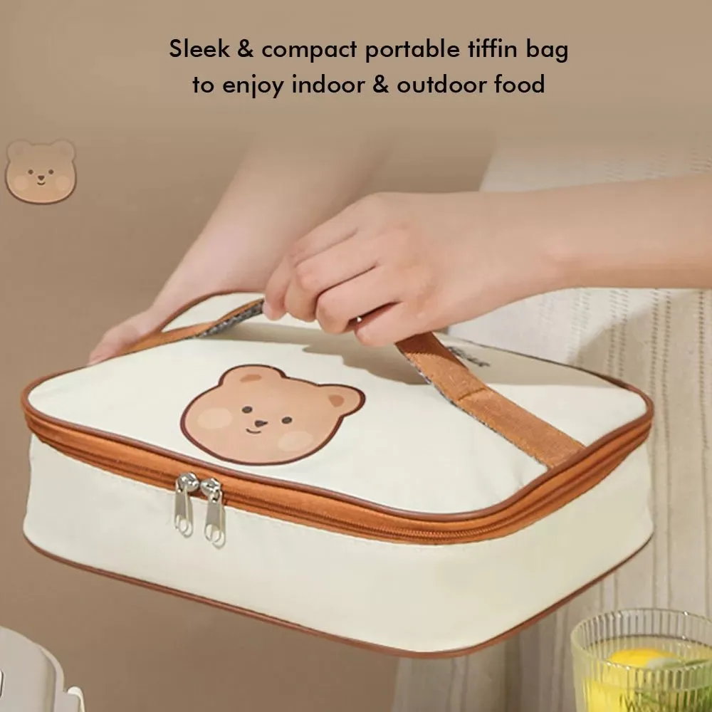 Big Size Stainless Steel Lunch Box /Tiffin with Insulated Matching Lunch Bag for Kids and Adults, Cream Brown Bear