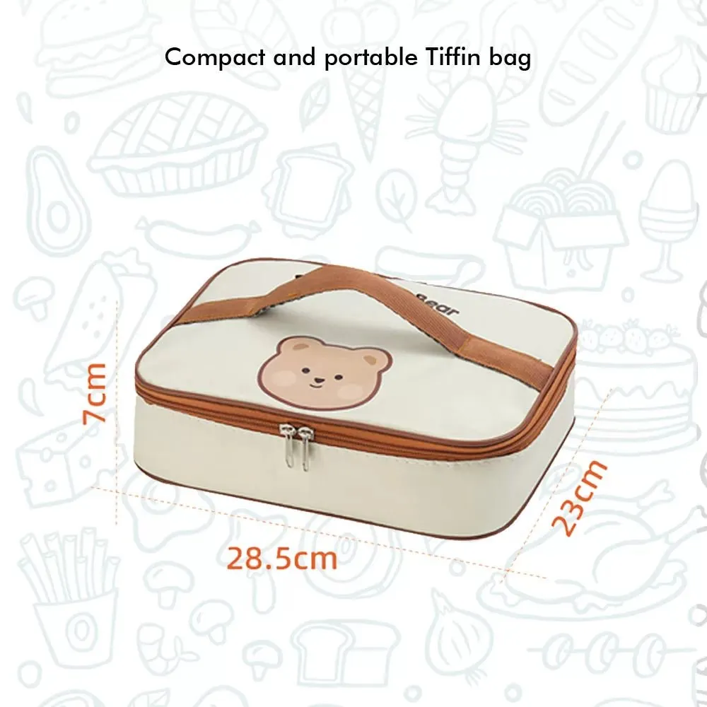 Big Size Stainless Steel Lunch Box /Tiffin with Insulated Matching Lunch Bag for Kids and Adults, Cream Brown Bear