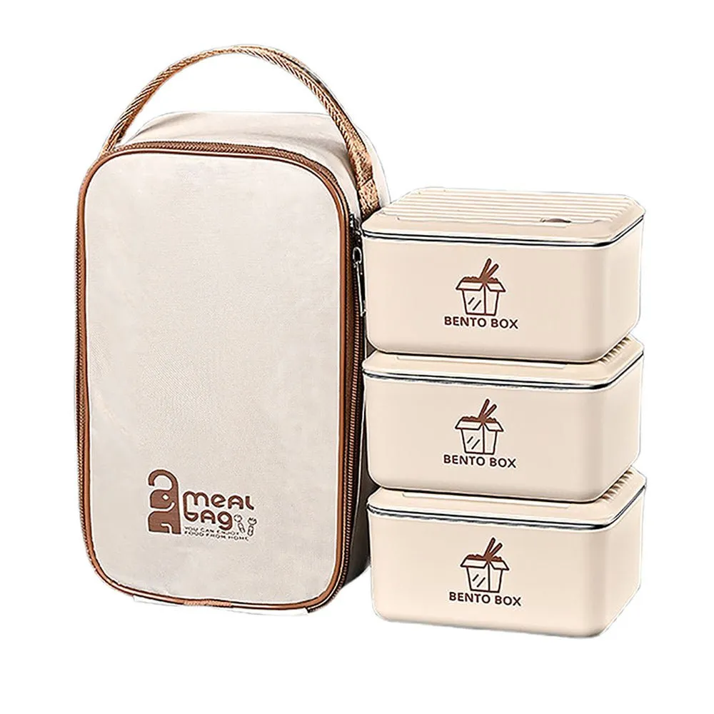 Cream 3pcs Bento Stainless Steel Lunch Box Container set with Lunch Bag