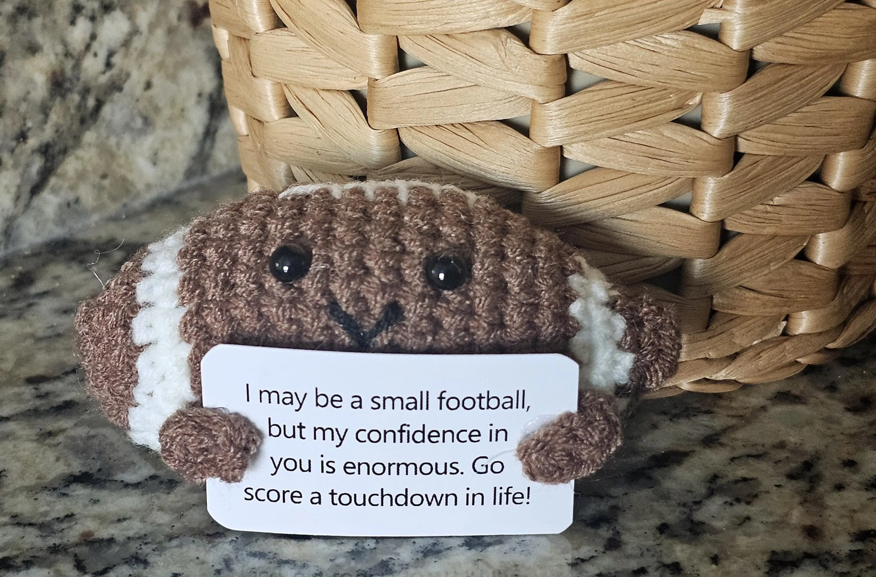 Crochet Football Positive Message with Stand Motivation Crochet Gift for Friend Desktop Accessory Coworker Encouraging Gift Mental Health