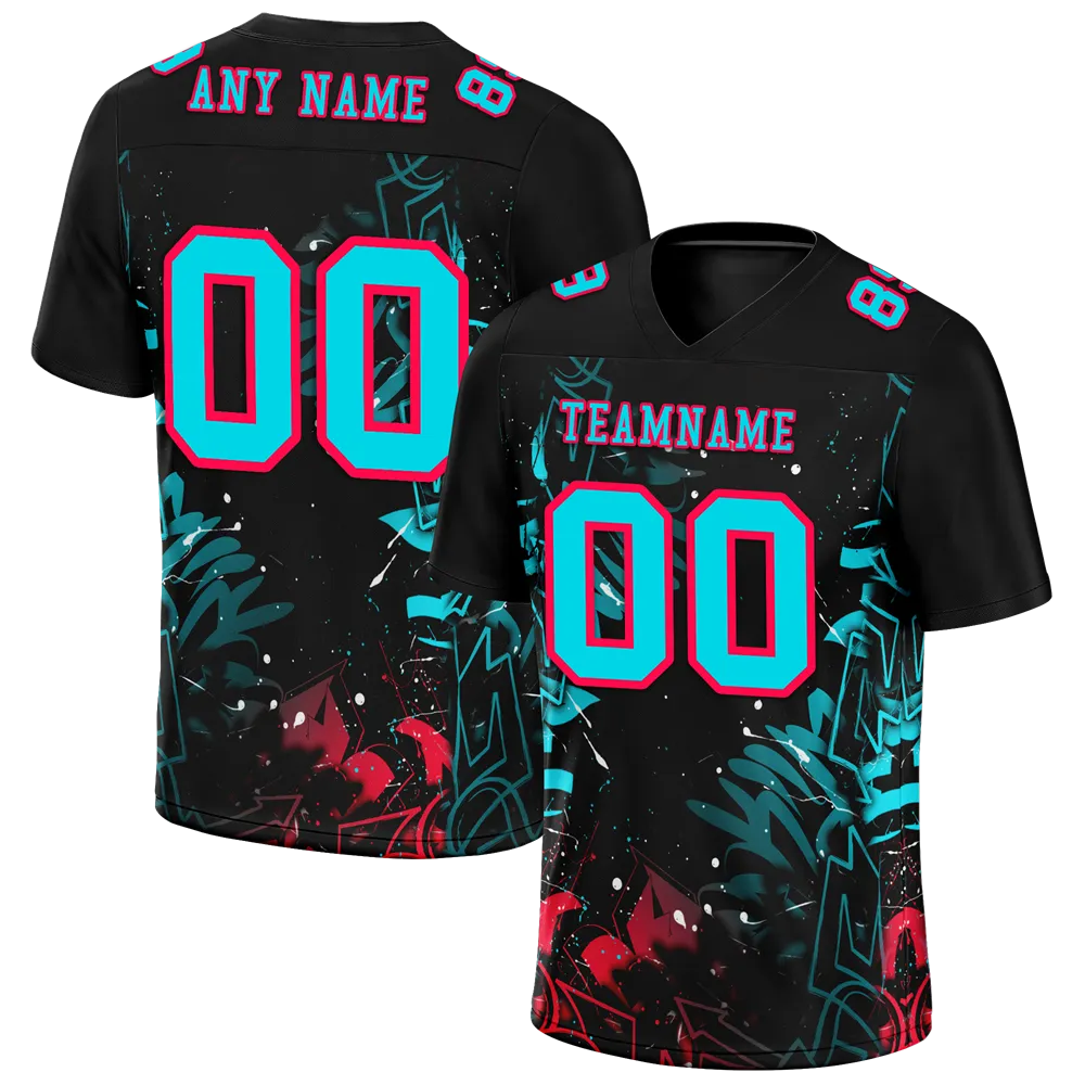 Custom Black Graffiti Pattern Aqua Personalized Authentic Football Jersey FBJ02-bc0face