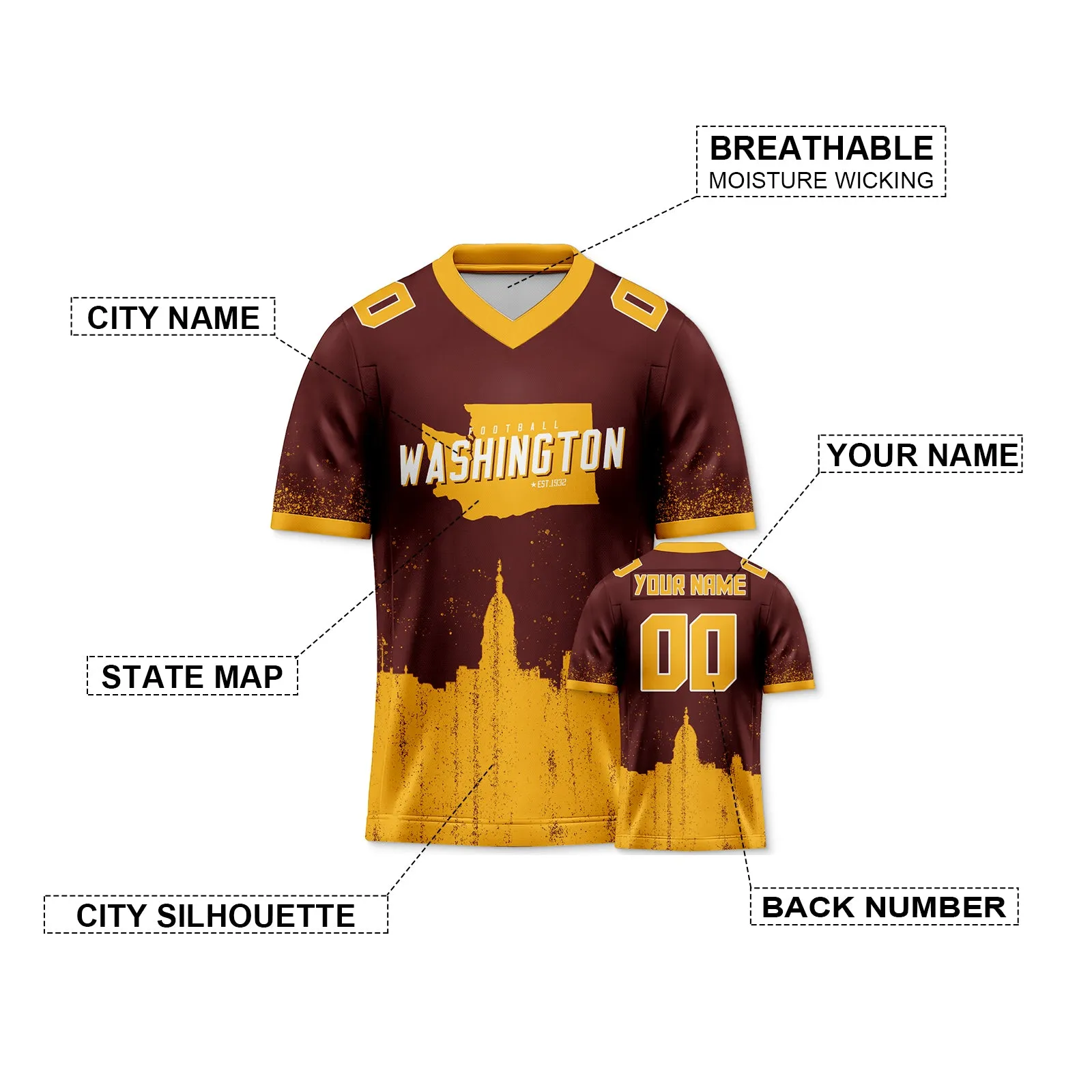Custom Football Jersey Washington Commanders City Map Graffiti Shirt Unisex Personalized Name and Number for Men Women Youth Football Fans Gift