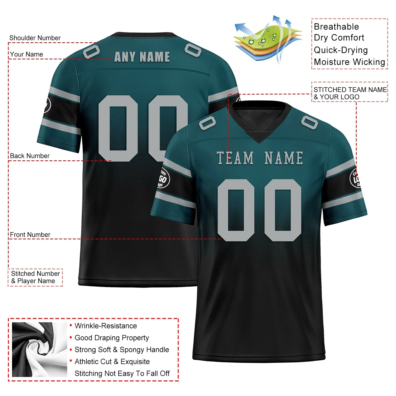 Custom Green Black Philadelphia Personalized Authentic Football Jersey FBJ02-D020249-23