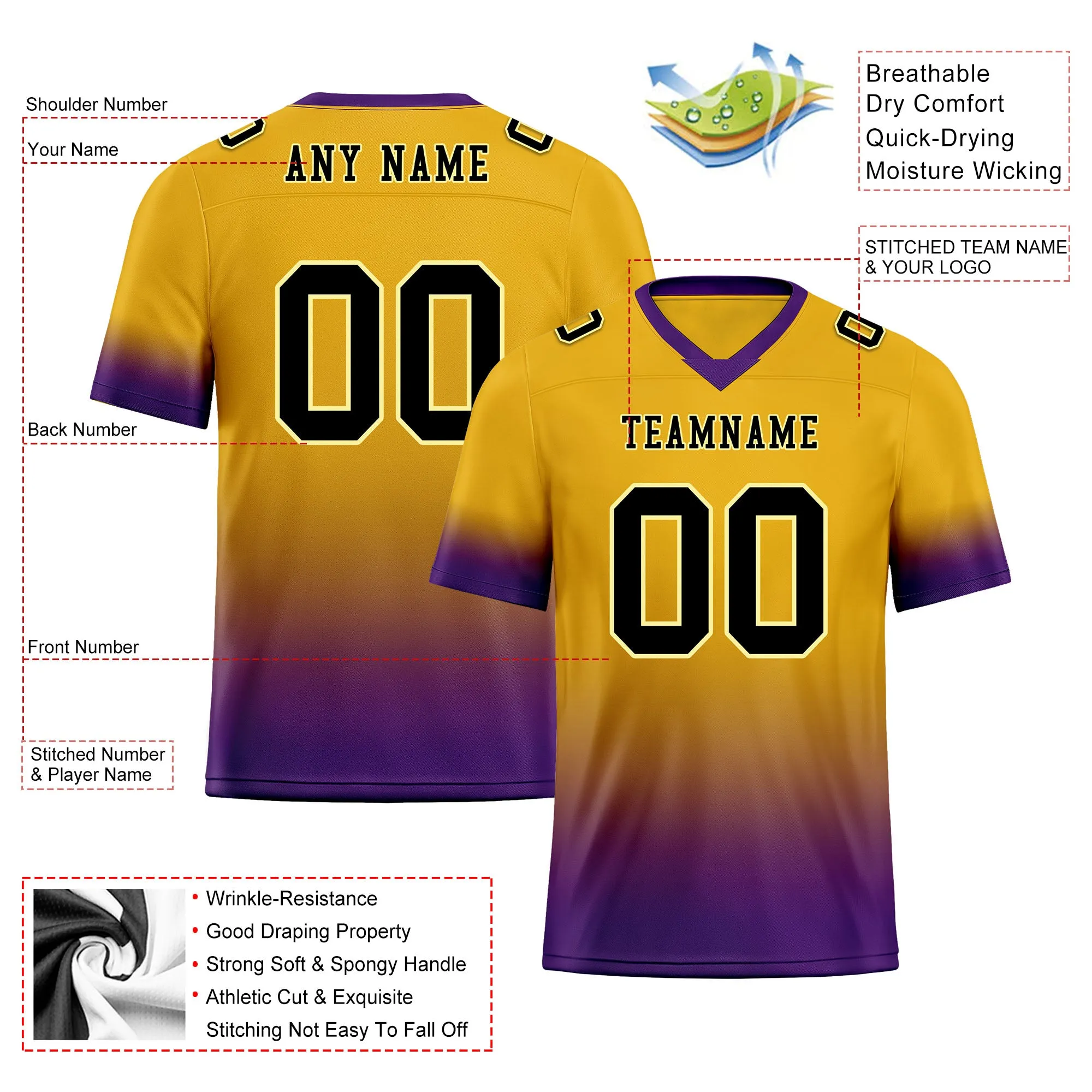 Custom Purple Gold Fade Fashion Personalized Authentic Football Jersey FBJ02-D06095
