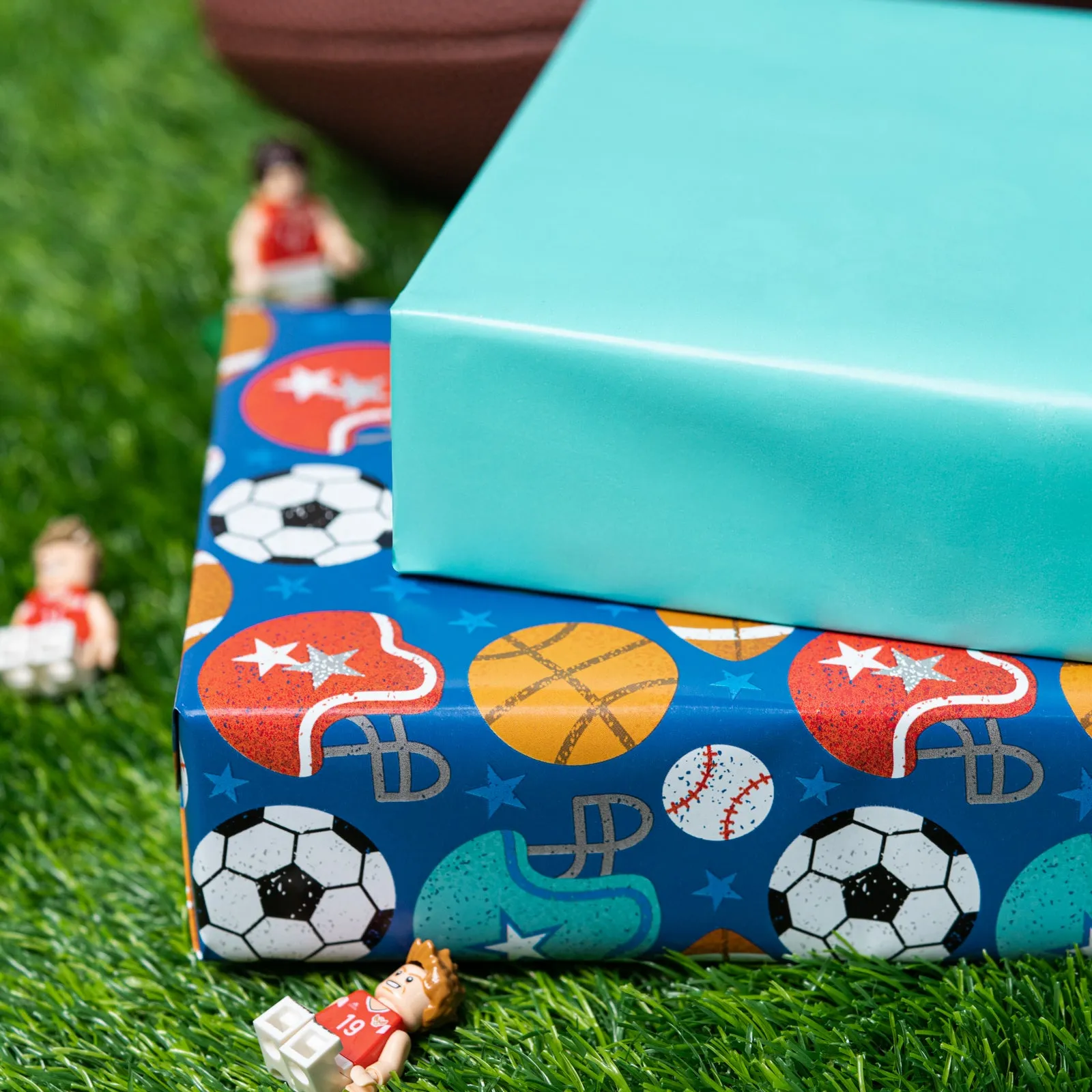 Football Sports Boy's Birthday Wrapping Paper with Teal Color on Reverse