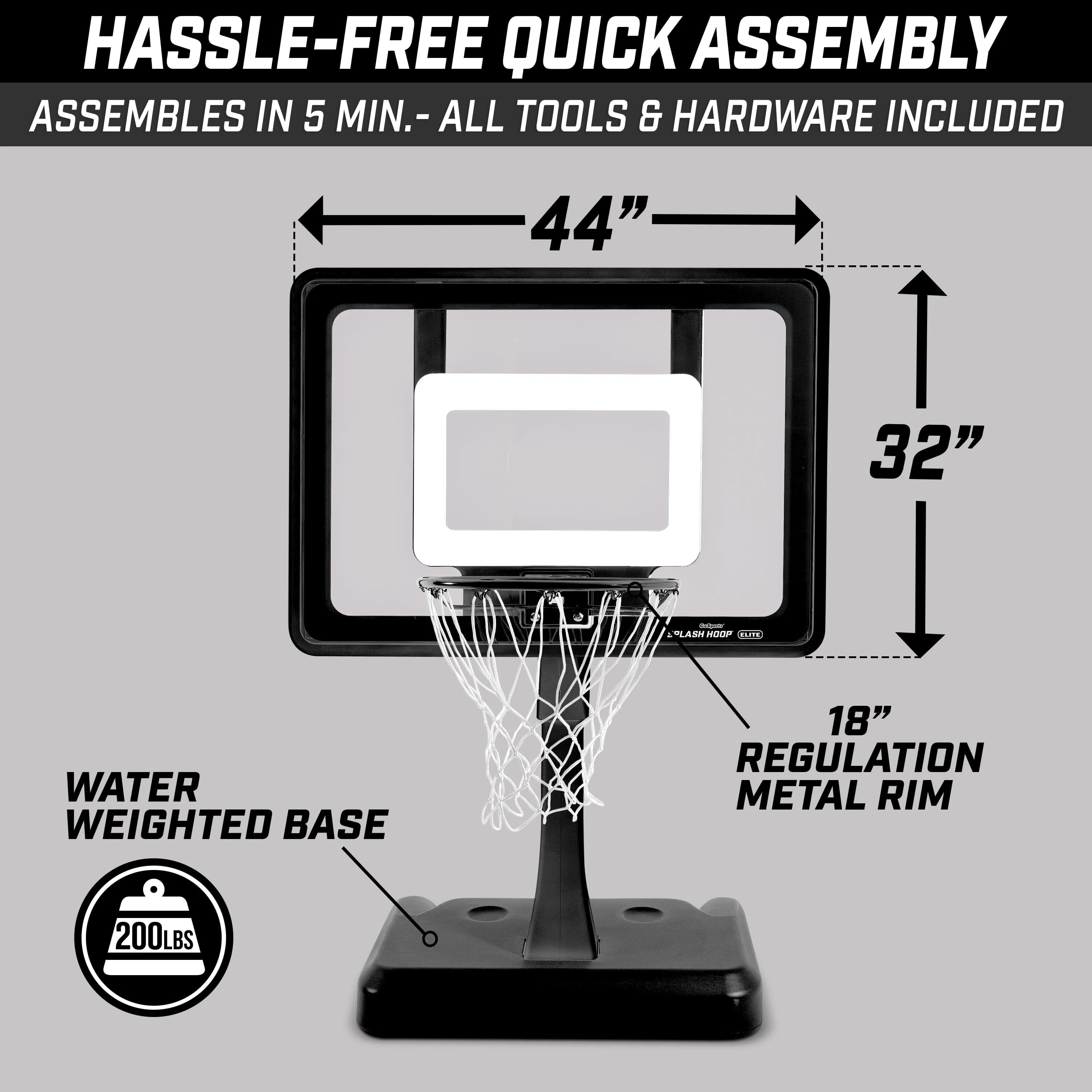 GoSports Splash Hoop ELITE Pool Hoop Basketball Game with Water Weighted Base, Adjustable Height, Regulation Steel Rim and 2 Pool Basketballs - Black