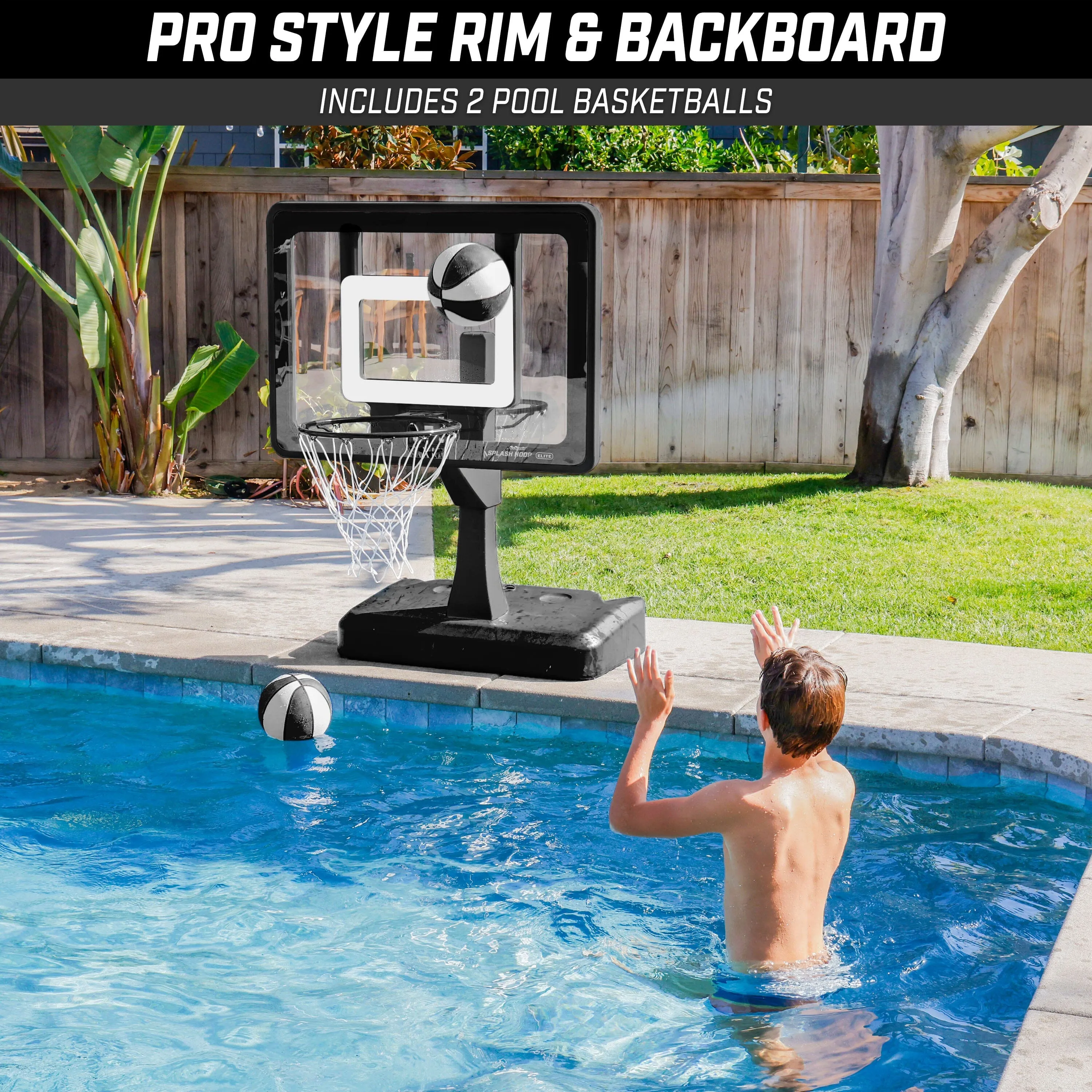 GoSports Splash Hoop ELITE Pool Hoop Basketball Game with Water Weighted Base, Adjustable Height, Regulation Steel Rim and 2 Pool Basketballs - Black