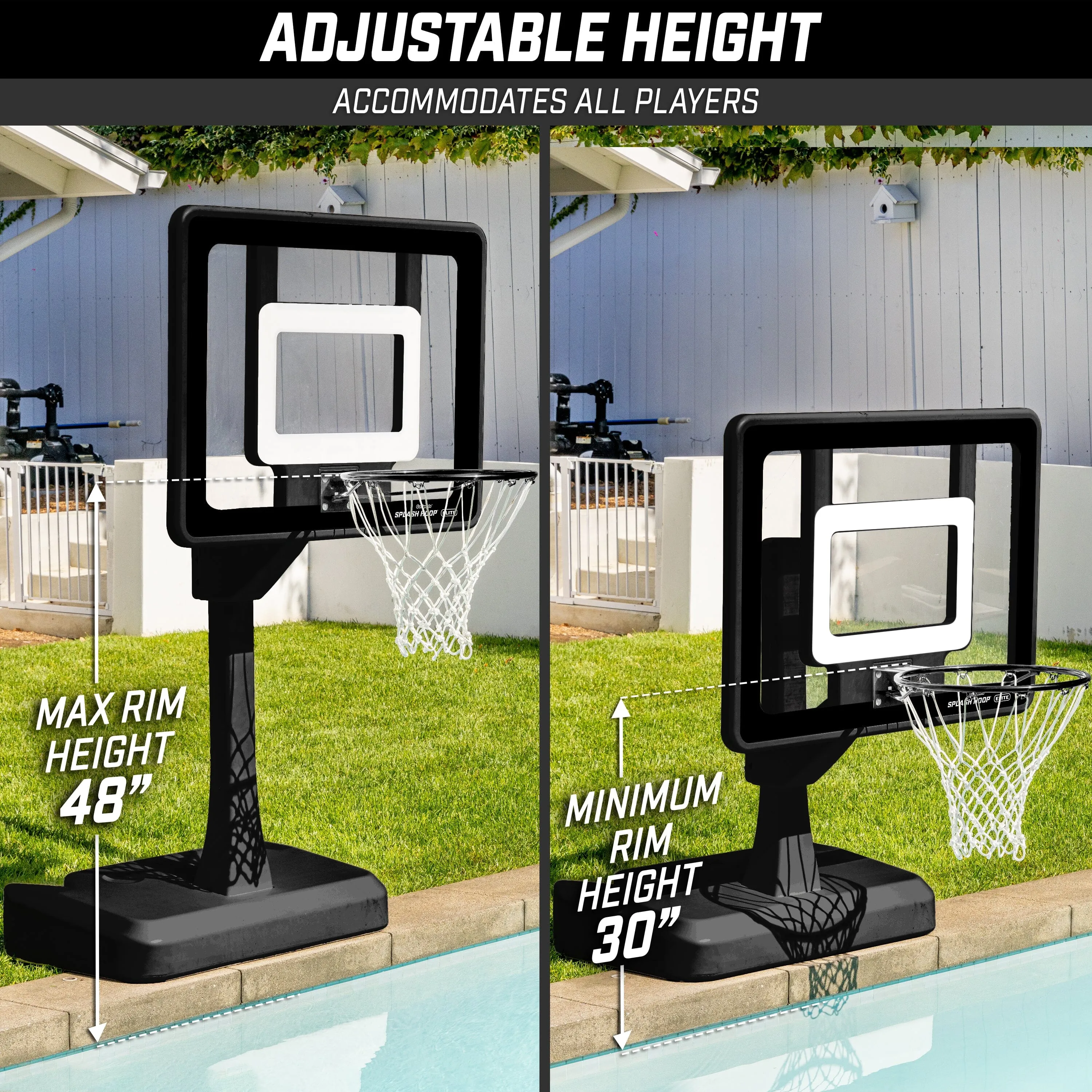GoSports Splash Hoop ELITE Pool Hoop Basketball Game with Water Weighted Base, Adjustable Height, Regulation Steel Rim and 2 Pool Basketballs - Black