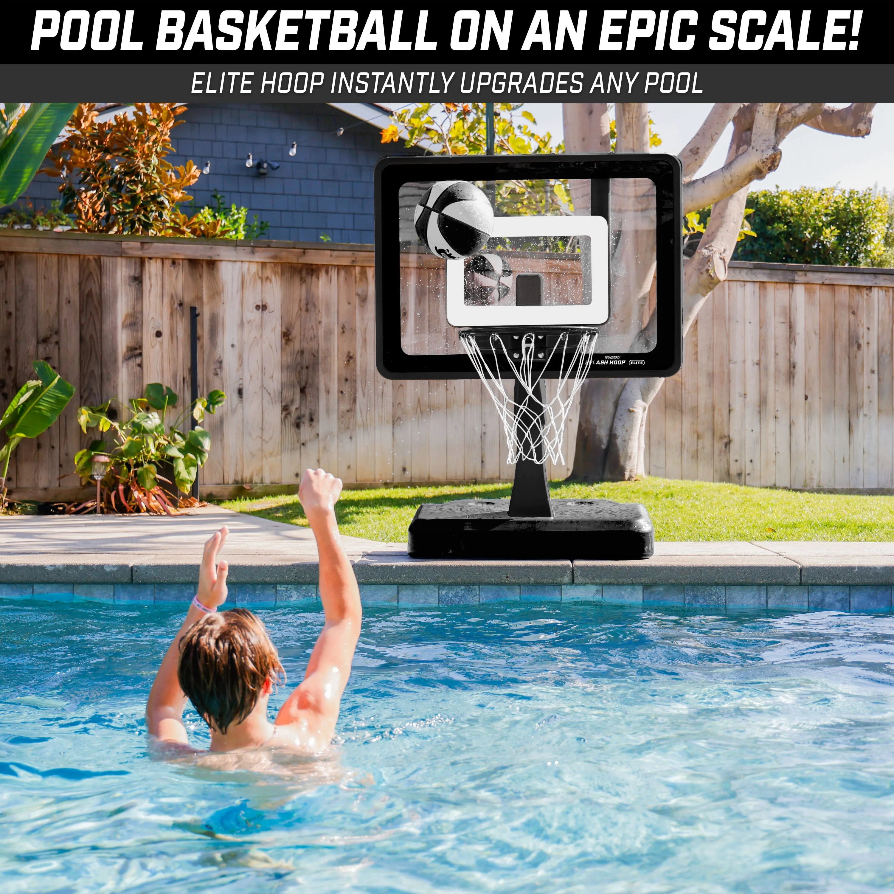 GoSports Splash Hoop ELITE Pool Hoop Basketball Game with Water Weighted Base, Adjustable Height, Regulation Steel Rim and 2 Pool Basketballs - Black
