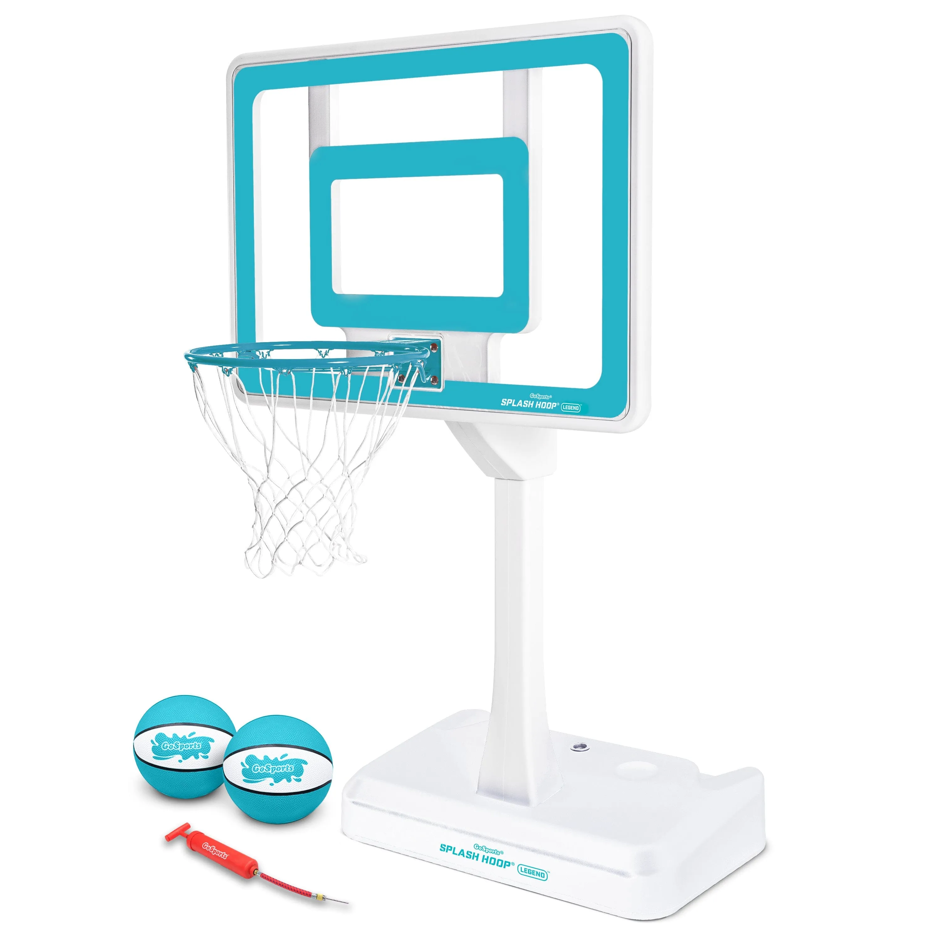 GoSports Splash Hoop LEGEND Pool Basketball Hoop Game with Water Weighted Base, Adjustable Height, and Regulation Steel Rim - Aqua