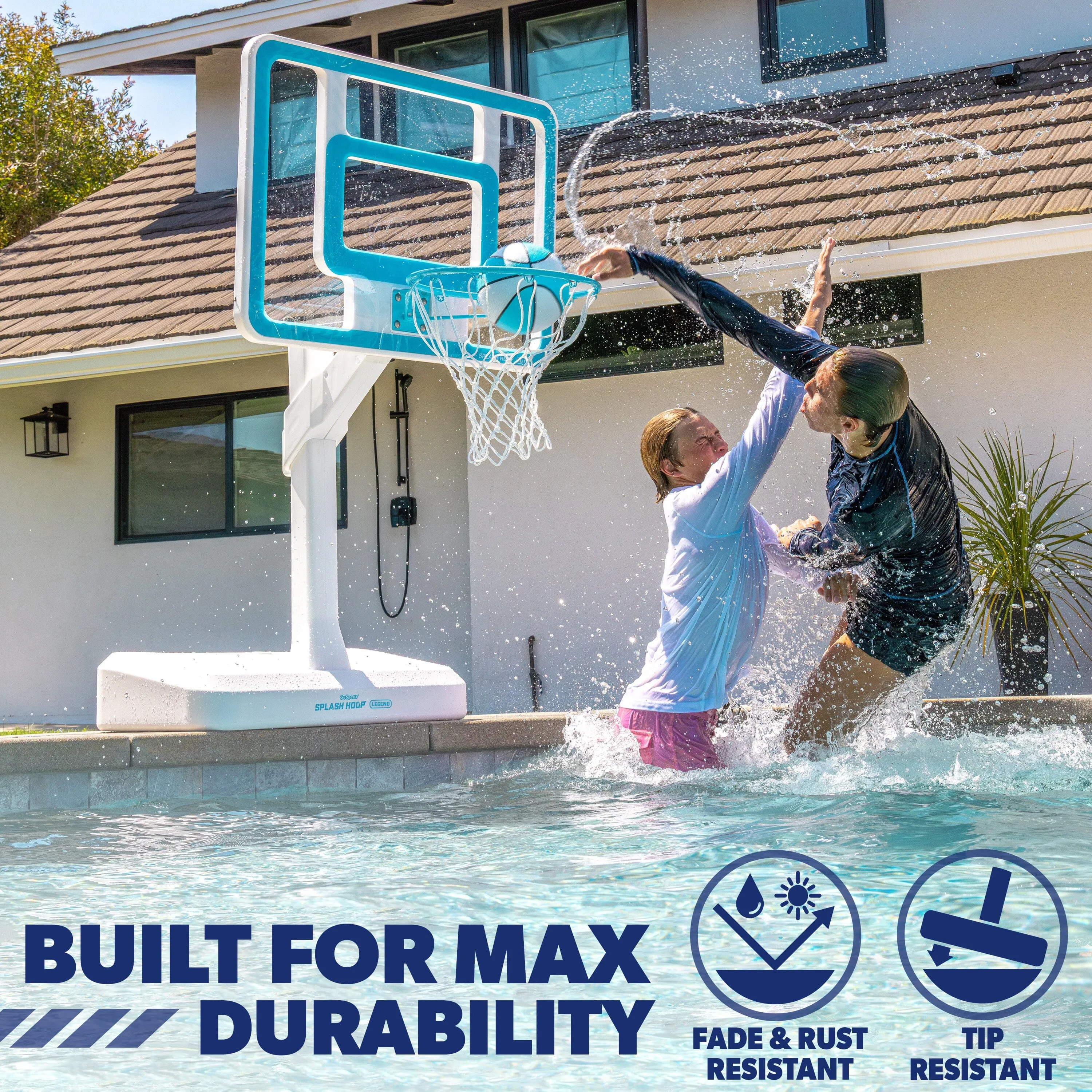 GoSports Splash Hoop LEGEND Pool Basketball Hoop Game with Water Weighted Base, Adjustable Height, and Regulation Steel Rim - Aqua