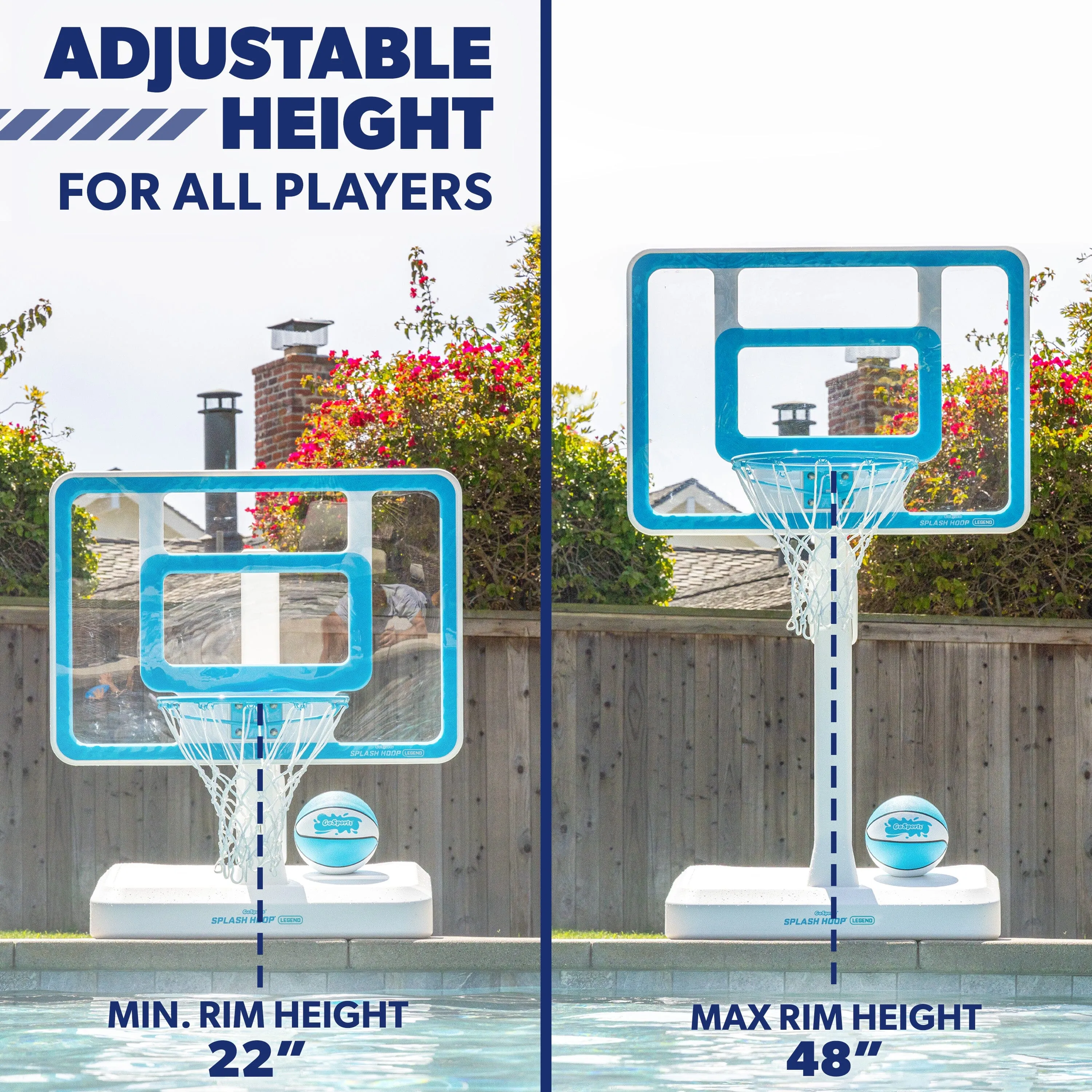 GoSports Splash Hoop LEGEND Pool Basketball Hoop Game with Water Weighted Base, Adjustable Height, and Regulation Steel Rim - Aqua