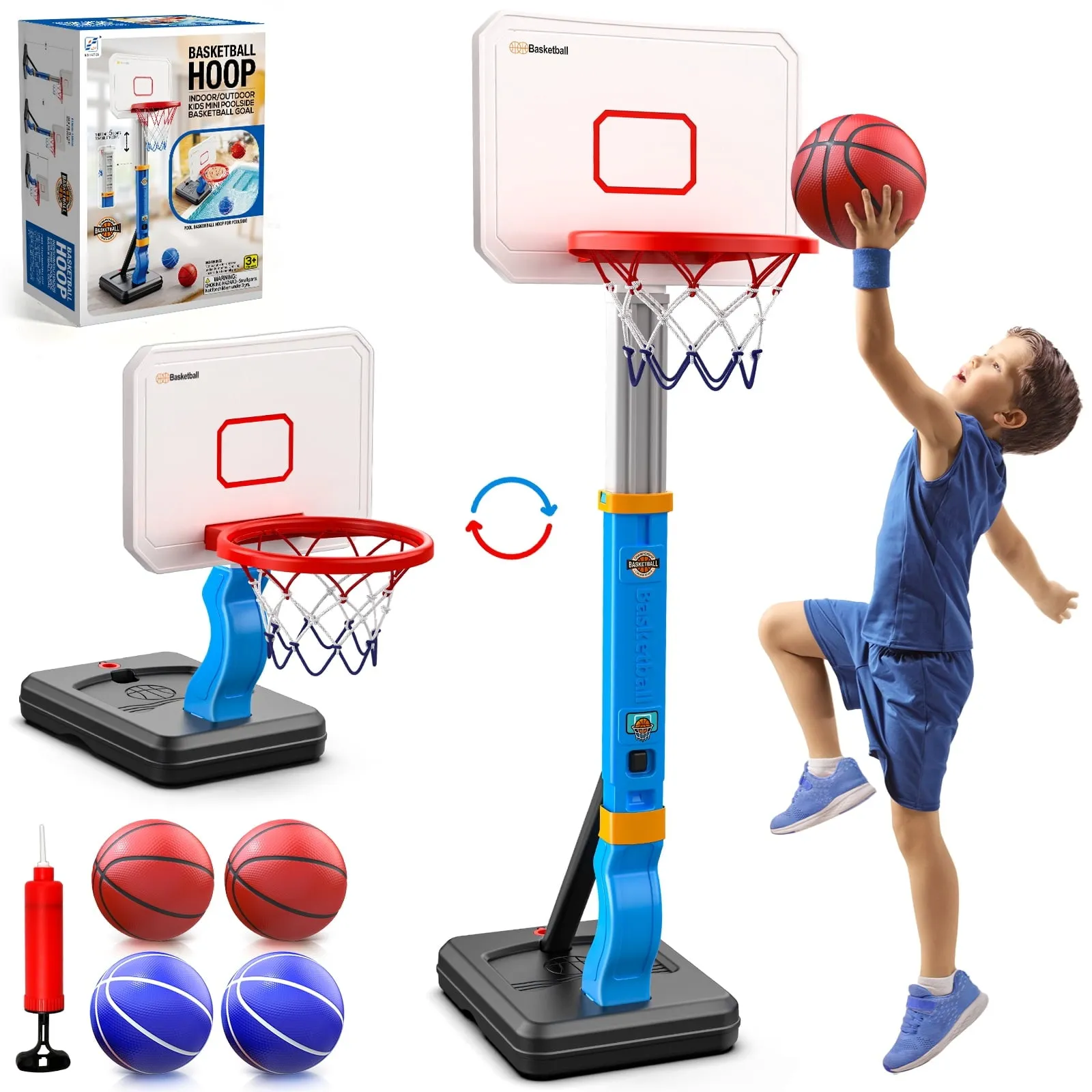 Hot Bee Pool Basketball Hoop, Height Adjustable Toddlers Basketball Hoop with 4 Balls, Indoor Outdoor, Basketball Summer Toys Gifts for 2 3 4 5 6 7 8 Years Old Boys Girls