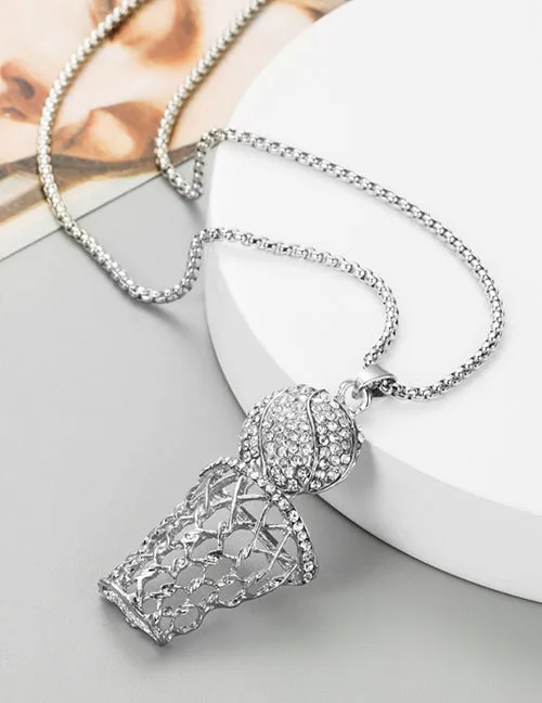 N746 Silver Basketball & Hoop Necklace with FREE Earrings