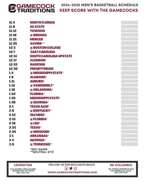Printable 2024-2025 South Carolina Men's Basketball Schedule