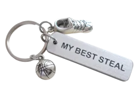"My Best Steal" Engraved on Aluminum Tag Keychain With Basketball & Sneaker Shoe Charm, Basketball Player Keychain
